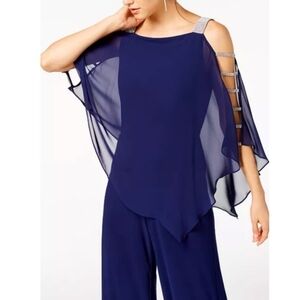 MSK Navy Jumpsuit with Sheer Cape Detail